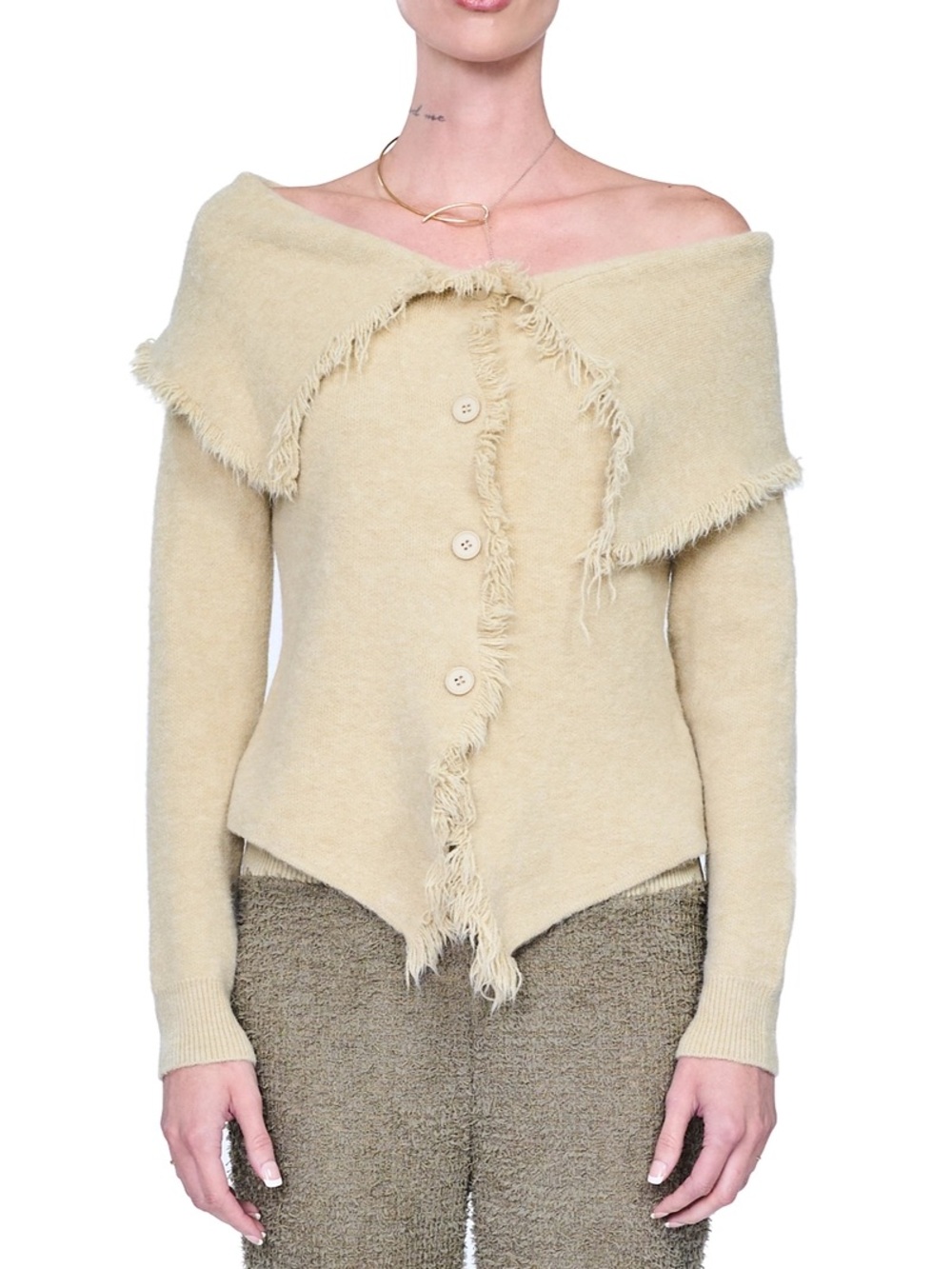 Off-the-Shoulder Fringe Button Sweater in Light Beige